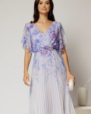 Rochie midi eleganta cu imprimeuri lila cu fusta clos plisata