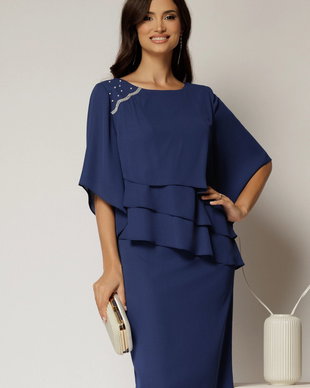 Rochie midi bleumarin de ocazie cu croi drept si perle la decolteu