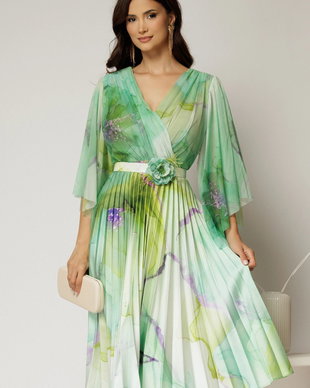 Rochie midi din tull cu imprimeu verde si fusta plisata din satin