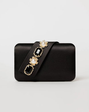 Clutch negru elegant din satin cu aplicatii de perle si cristale