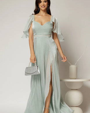 Rochie DY Fashion verde mint lunga de seara cu aplicatii de perle pe talie