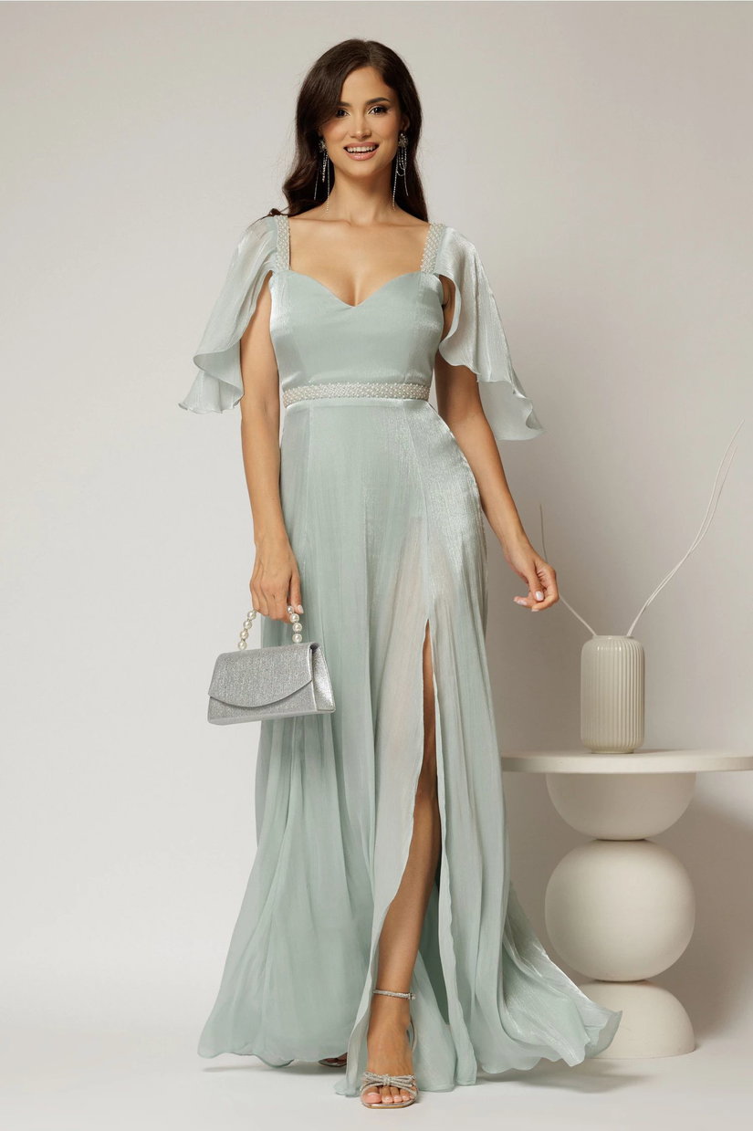 Rochie DY Fashion verde mint lunga de seara cu aplicatii de perle pe talie
