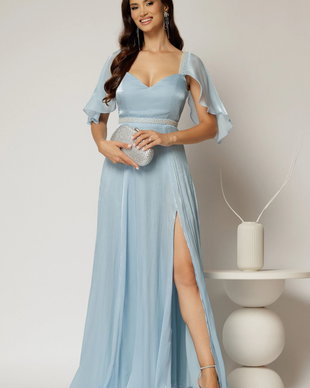 Rochie DY Fashion bleu lunga de seara cu aplicatii de perle pe talie