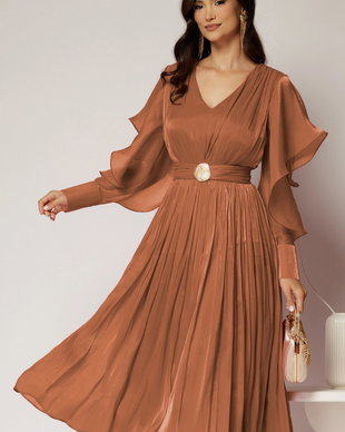 Rochie midi roz coniac de ocazie din voal peliculizat cu cordon detasabil