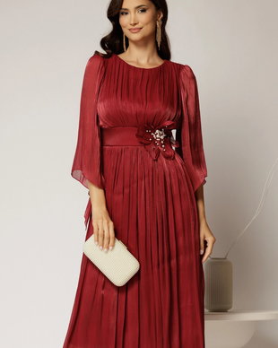 Rochie midi bordo de ocazie din voal peliculizat cu perle pe talie