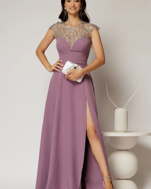 Rochie DY Fashion lunga lila de seara cu aplicatii la bust