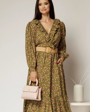 Rochie kaki din viscoza cu imprimeu floral si curea in talie