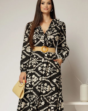 Rochie neagra din stofa cu imprimeu floral ivoar si curea in talie