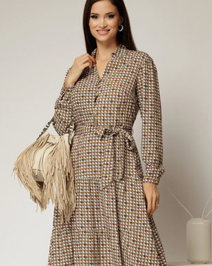 Rochie midi din viscoza maro cu imprimeu bej