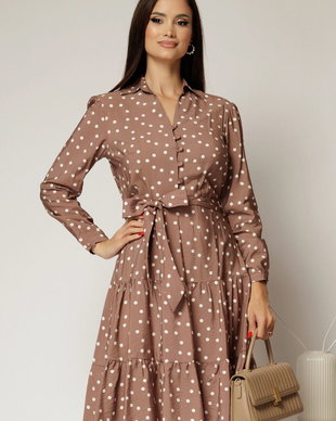 Rochie maro midi din viscoza si imprimeu cu buline