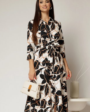 Rochie de zi midi neagra cu imprimeuri bej tip camasa cu cordon in talie