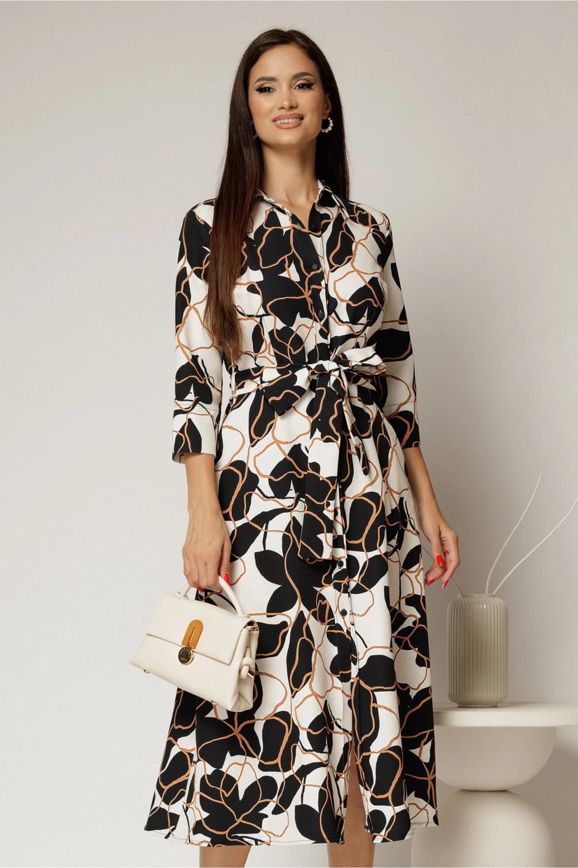 Rochie de zi midi neagra cu imprimeuri bej tip camasa cu cordon in talie