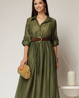 Rochie midi verde olive din tencel si curea maro in talie