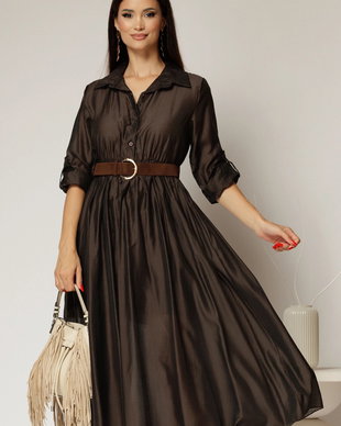 Rochie midi maro intens din tencel si curea maro in talie