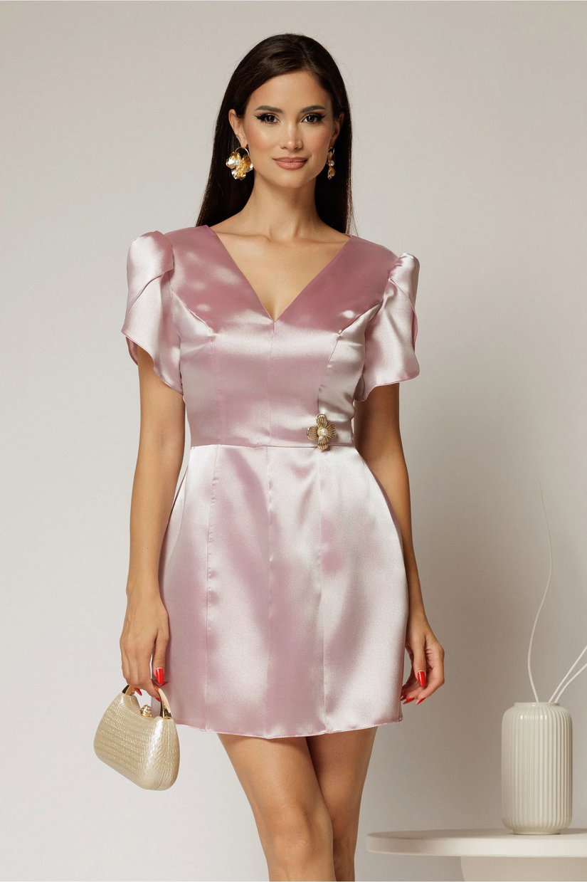 Rochie roz scurta din tafta cu accesoriu auriu in talie
