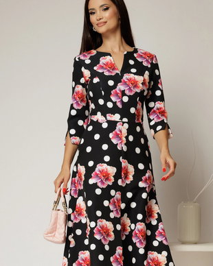 Rochie neagra cu imprimeu floral rosu si buline albe