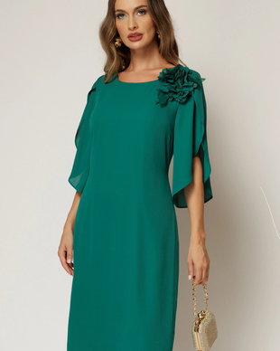 Rochie midi verde de ocazie din voal cu aplicatie florala