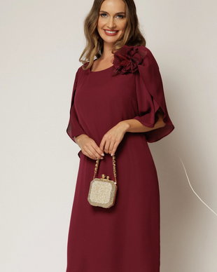 Rochie midi bordo de ocazie din voal cu aplicatie florala