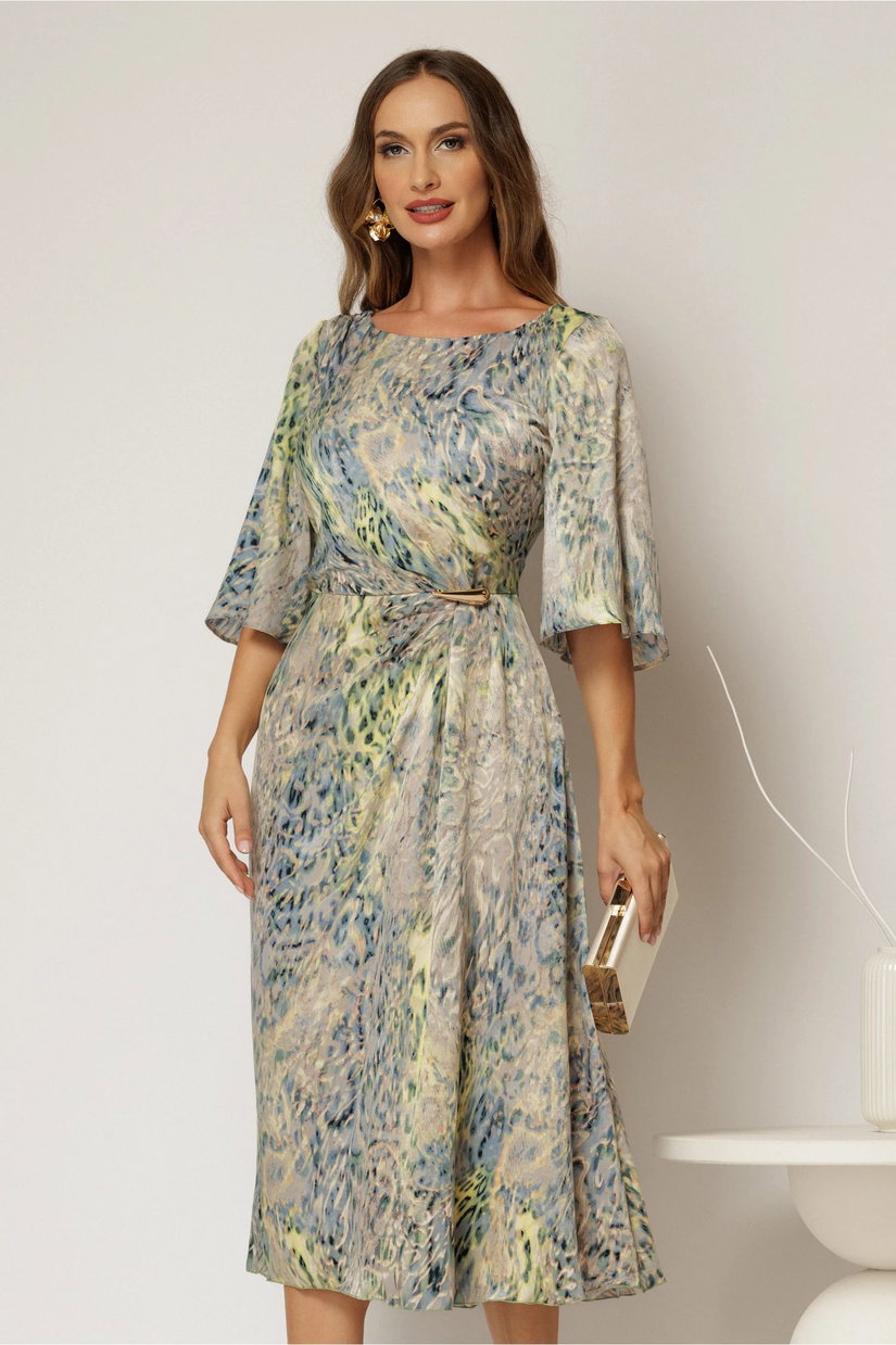 Rochie eleganta midi turcoaz cu imprimeu multicolor din voal plin cu accesoriu in talie