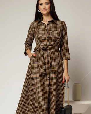 Rochie de zi midi in carouri negre si maro tip camasa cu cordon in talie