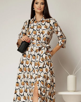 Rochie de zi midi ivoar cu imprimeuri galben mustar tip camasa cu cordon in talie