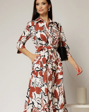 Rochie de zi midi ivoar cu imprimeuri maro tip camasa cu cordon in talie