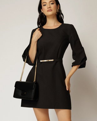 Rochie scurta neagra din stofa cu maneci bufante si curea in talie