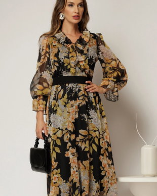 Rochie midi neagra din voal cu imprimeuri bej si funda la decolteu