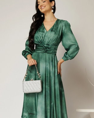Rochie Gina midi verde din voal cu sidef in clos