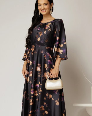 Rochie midi neagra cu imprimeuri mov si detalii la bust