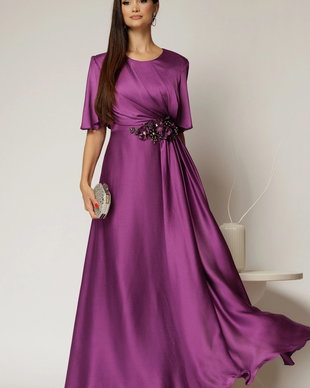 Rochie lunga mov de seara din voal cu accesoriu in talie