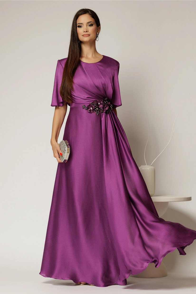 Rochie lunga mov de seara din voal cu accesoriu in talie