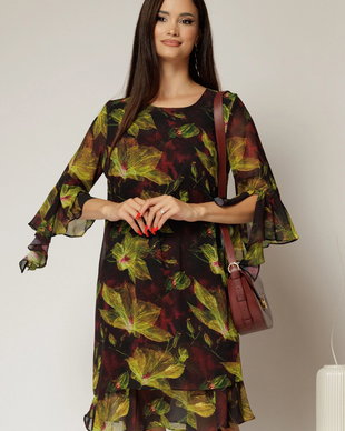Rochie midi croi lejer din voal cu imprimeuri lime si grena
