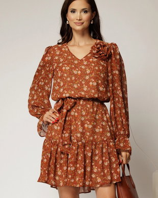 Rochie scurta caramizie cu imprimeu floral si volanas la baza