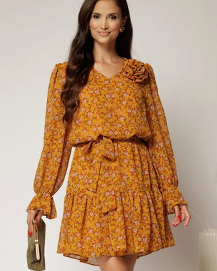 Rochie scurta galben mustar cu imprimeu floral si volanas la baza