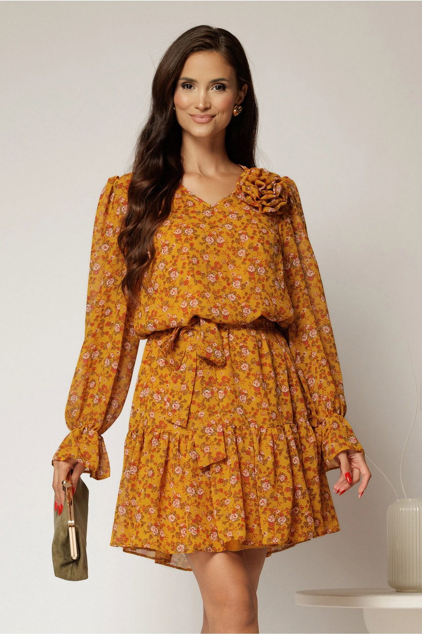 Rochie scurta galben mustar cu imprimeu floral si volanas la baza