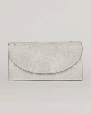 Clutch argintiu metalizat cu clapeta curbata si perlute aplicate