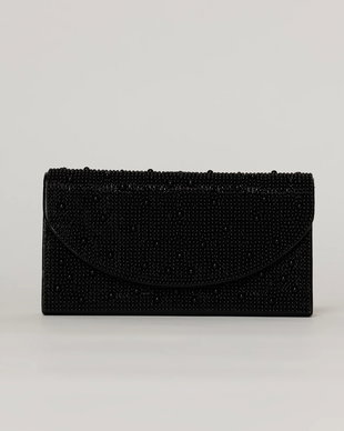 Clutch negru metalizat cu clapeta curbata si decoratii aplicate