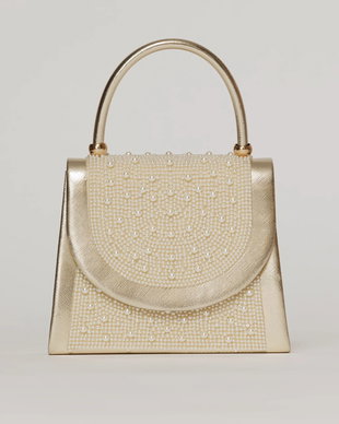 Clutch elegant auriu decorat cu perle si margele