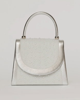 Clutch elegant argintiu decorat cu perle si margele