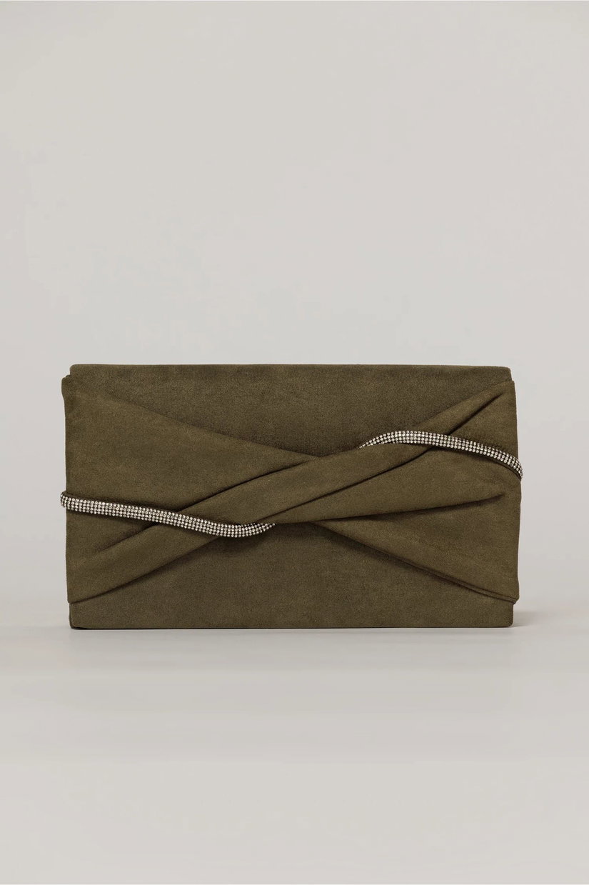 Clutch kaki elegant cu clapeta design impletit si detalii stralucitoare