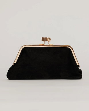 Clutch plic negru catifelat cu inchidere metalica aurie