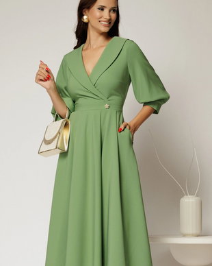 Rochie office din stofa verde fistic cu bust petrecut si rever