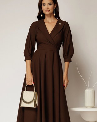 Rochie office din stofa maro cu bust petrecut si rever