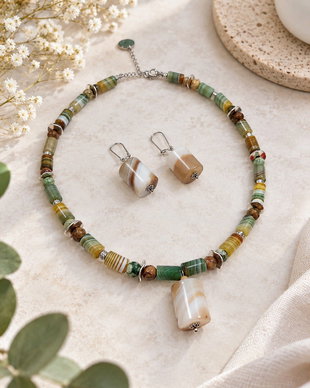Colier si cercei cu agate-dantela tuburi