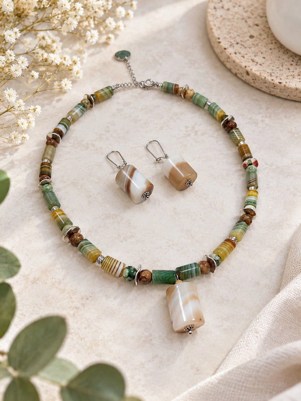 Colier si cercei cu agate-dantela tuburi