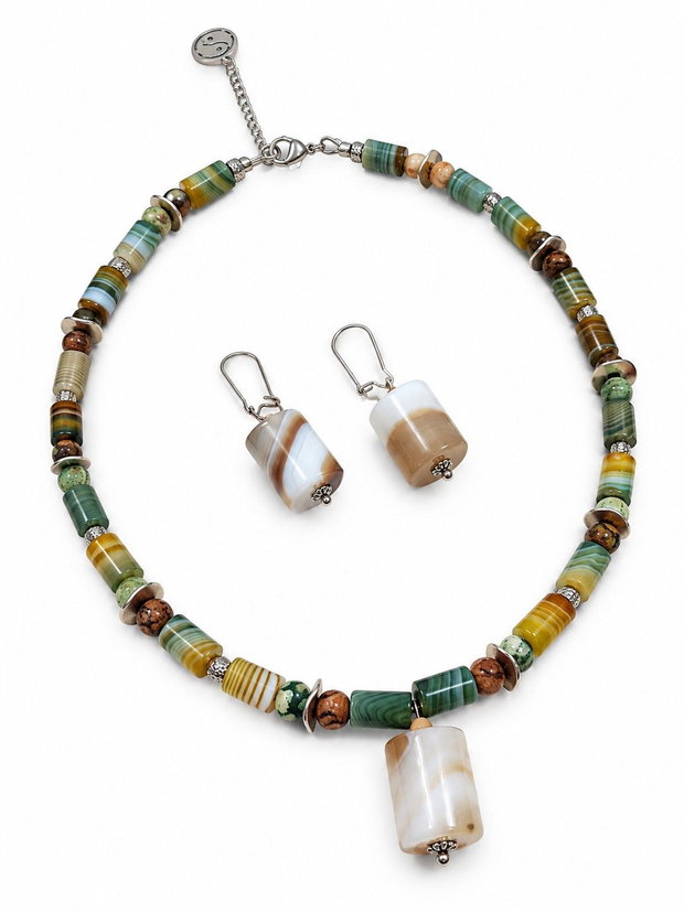 Colier si cercei cu agate-dantela tuburi