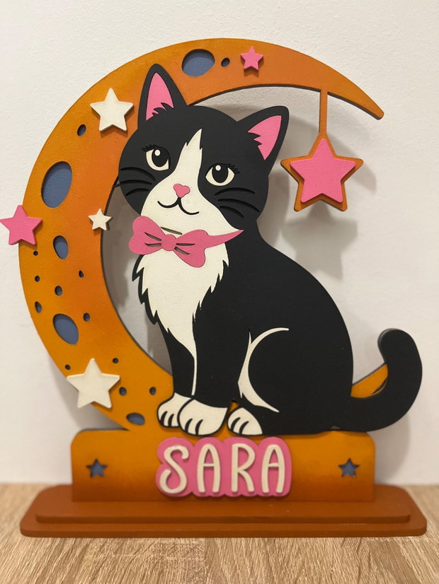 Decoratiune Personalizată pisicuta pentru camera de fetita din lemn( MDF) Pisicuță pe Lună