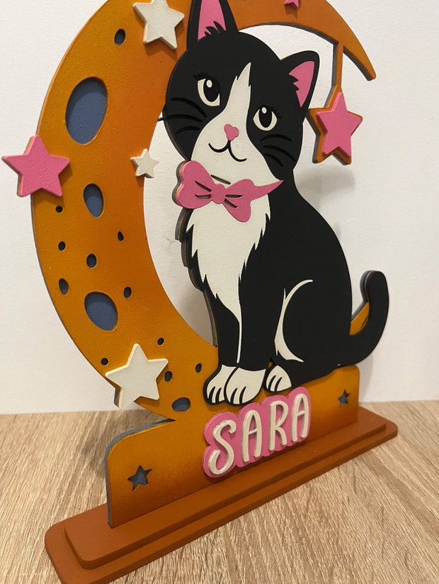 Decoratiune Personalizată pisicuta pentru camera de fetita din lemn( MDF) Pisicuță pe Lună