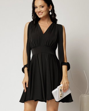 Rochie scurta neagra cu decolteu in V si maneci lungi sparte
